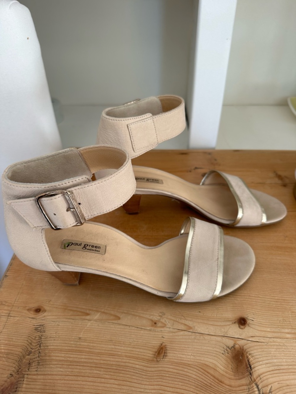 Paul Green Neutral Suede Ankle-Strap Low Block Heel Sandals